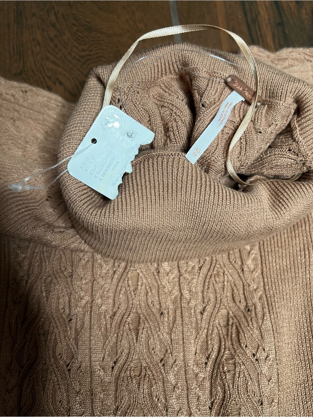 Free People XS Camel Cable Knit Turtleneck Sweater Fitted Long Sleeve Cozy Boho - Picture 3 of 4